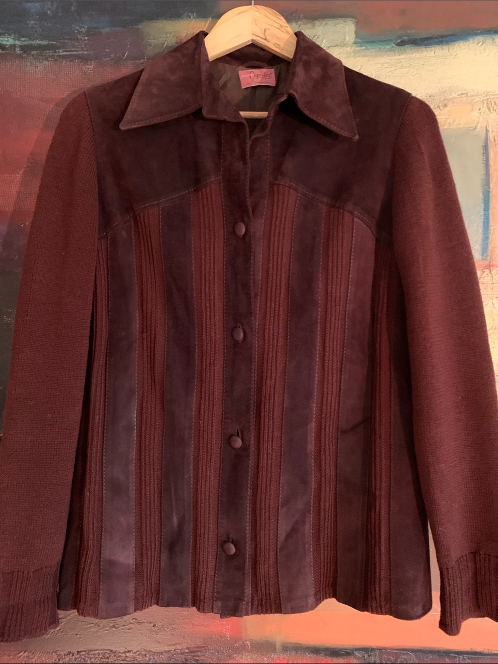 Vintage Caprice de Diamond Suede Knit Panel Cardigan/Jacket, Sz 48 (US 10-12)
